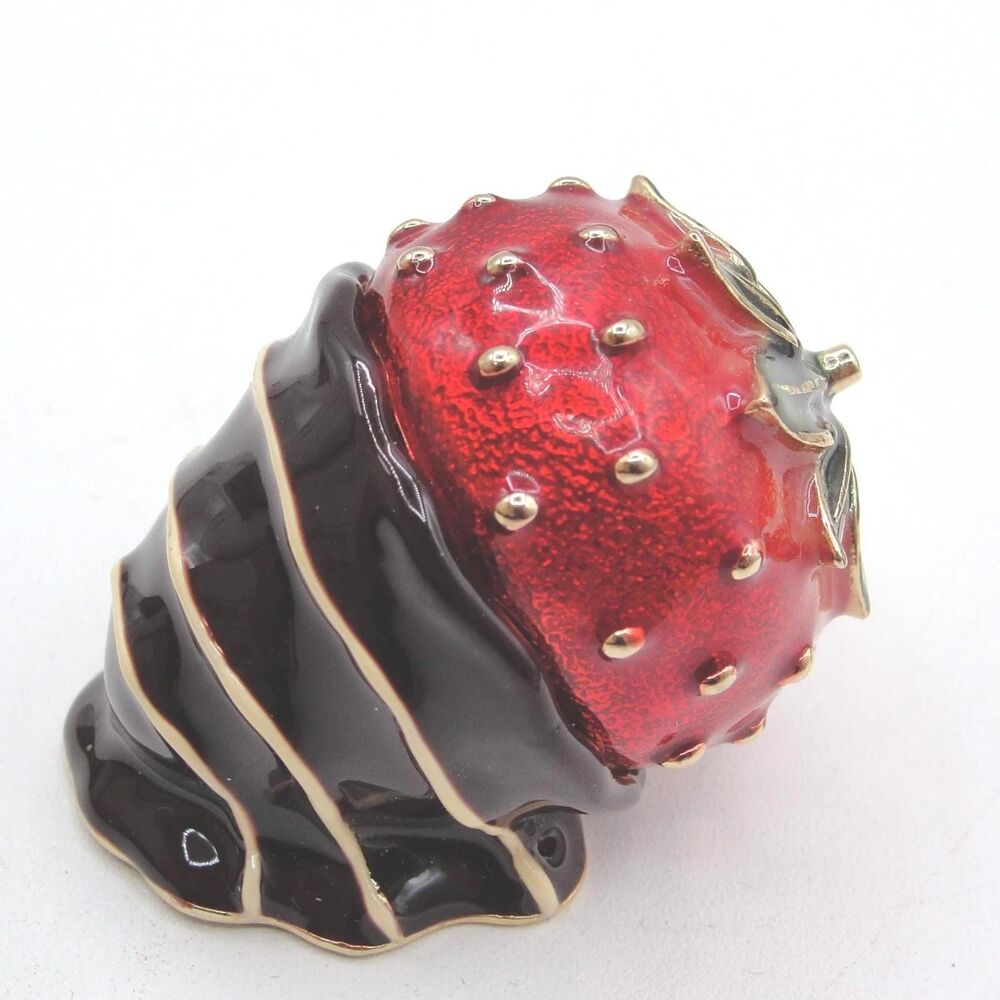 Vintage Monet Chocolate Covered Strawberry Hinged Trinket Box Enamel Keepsake